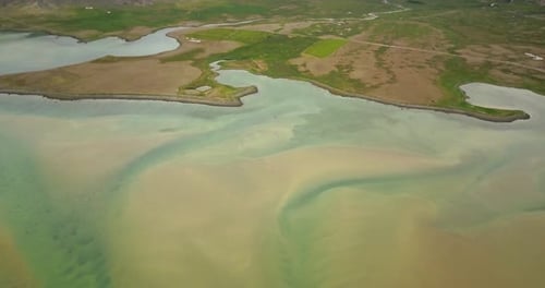 sea and river meet in northern Iceland, Aerial view