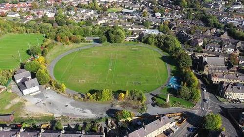 Aerial footage of the town of Huddersfield in the Metropolitan Borough of Kirklees, West Yorkshire