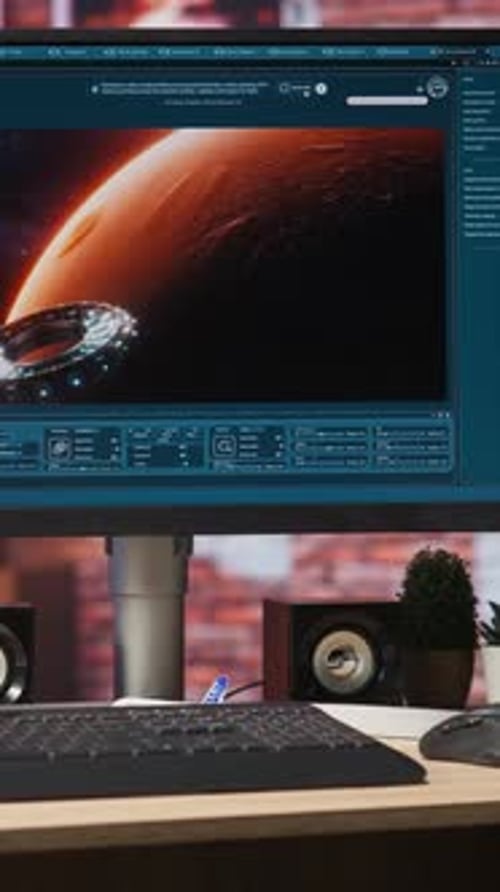 Vertikaler Videomonitor mit virtuellem KI-Assistenten, der Clips produziert