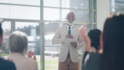 Presentation, tradeshow and black man on tablet with applause from audience for conference success