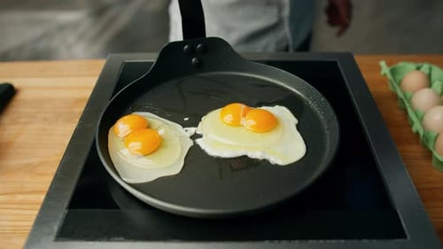 Raw Eggs Frying in a Pan on a Stove
