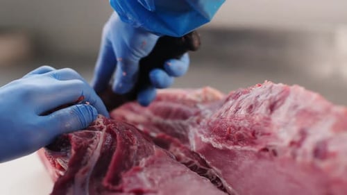 Butcher Trimming Pork Slab with Sharp Knife