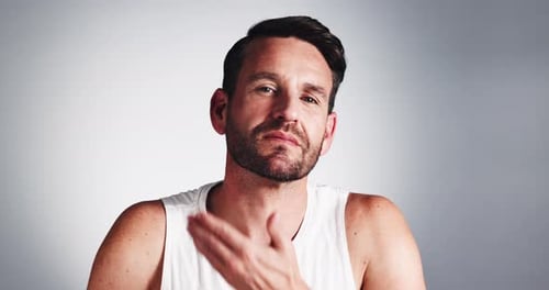 Studio, face and man with beard, comb and smile for fresh shave, mockup space