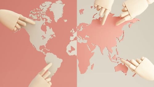 Wooden Hands Pointing at a World Map