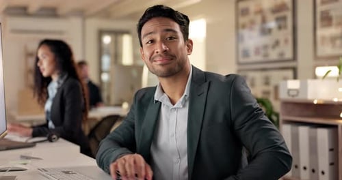 Happy, businessman and working on computer, desk and typing an office communication