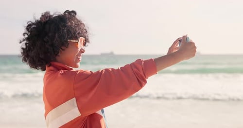 Influencer, smile and selfie at beach in summer for content creation, travel post