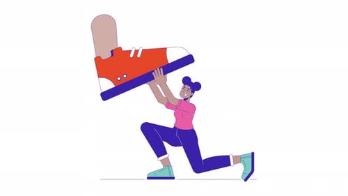 Animated Minimalist Character Struggling to Lift Giant Sneaker