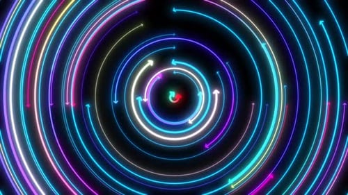 Neon Circle Shape Rotate With Arrow Direction Fast Moving On Black Background. Digital Circle Shape