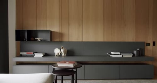 Minimalist Interior with Wooden Wall and Long Shelf