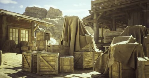 Old West Town with Wooden Crates and Covered Objects in the Sunlight