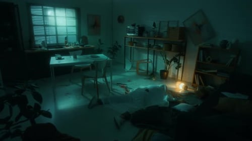 Crime Scene with Dead Victim Lying on Bloodstained Floor in Dark Room