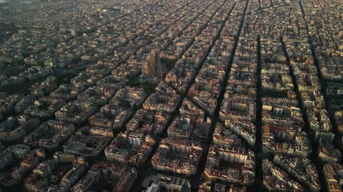Aerial view of sagrada familia and cityscape, Spain.
