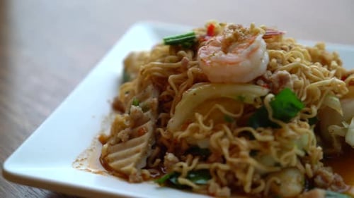 Delicious Noodles with Shrimp on a Plate