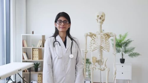 Doctor standing near model of human body in private clinic