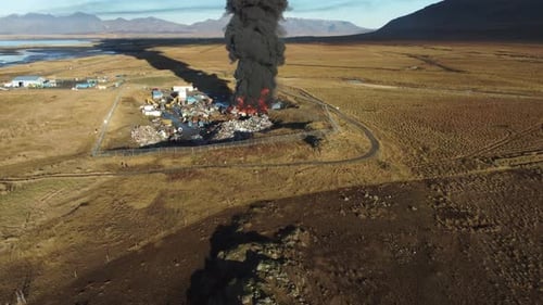 Huge Fire at Car Junkyard Black Oil Smoke Pollutes the Atmosphere Ecological Disaster Global Warming