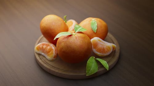 Fresh Tangerines with Leaves and Segments Rotating on a Wooden Board