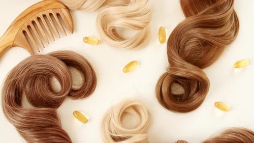 Blond Brown Shiny Wavy Hair on White Background Shiny Woman Hair Strand Curl Hair Care and Beauty