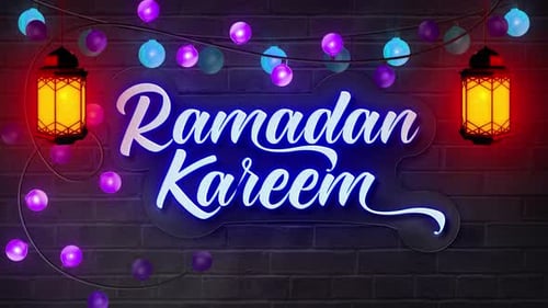 Texte en néon Ramadan Kareem avec lanterne et lumières V5
