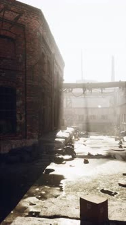 Urban Scene Dirty Street Brick Building Bridge Vertical