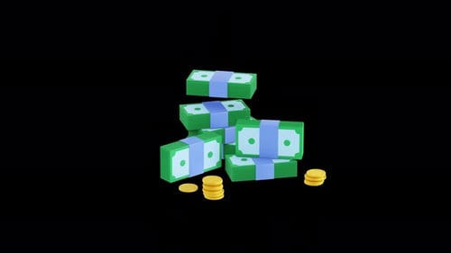 Golden coin, dollar bills animation. 3d render. Bank service, investment, money