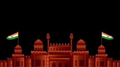 Animated Indian Red Fort with Waving Flags Background