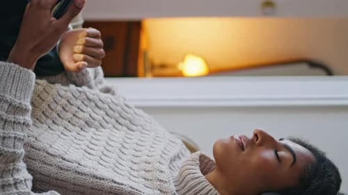 Serene Woman Using Tab at Evening Apartment Closeup Calm Lady Relaxing Vertical