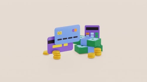 Money, credit cards, Golden coin, dollar bills animation. 3d render. Bank service