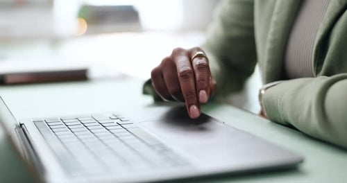Hands, scroll and woman with office, laptop and research for creative writing, article and feedback