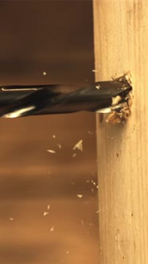 A Drill is Made in a Hole in a Tree with Sawdust Filmed is Slow Motion 1000 Fps