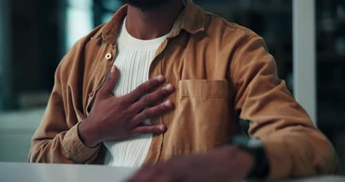 Hands, breathing and man in office with asthma, medical condition or pain in allergic reaction