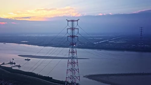 Aerial View of Electricity Pylon at Sunset