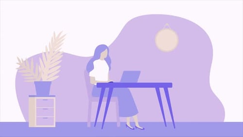 Woman working on laptop at desk office. Cartoon animation