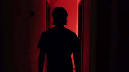 Silhouette of Person Walking Toward Red Lit Room