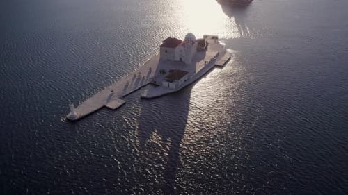 Aerial view of church and island in sunrise, Montenegro.