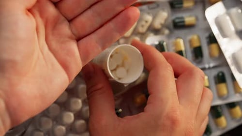 Nahaufnahme des Gießens von Pillen aus einem Glas in eine Handbehandlung mit Medikamenten zu Hause