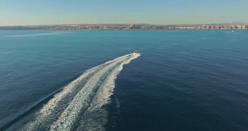 Aerial View Moving Boat at the Sea Top View Sailing Boat Aerial View Fishing Motor Boat with Angler