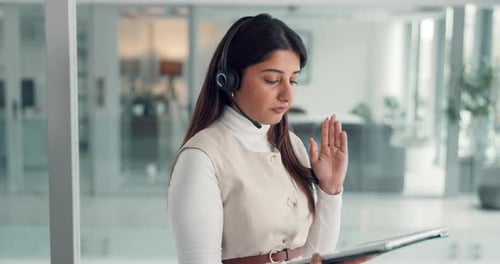 Woman, consultant and tablet with headset for online sale, telemarketing or business in office