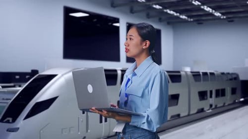 Young Adult Woman Working on Laptop near Train