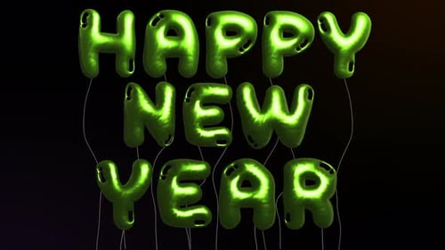 Festive happy new year balloon letters shimmering with vibrant green light wishes