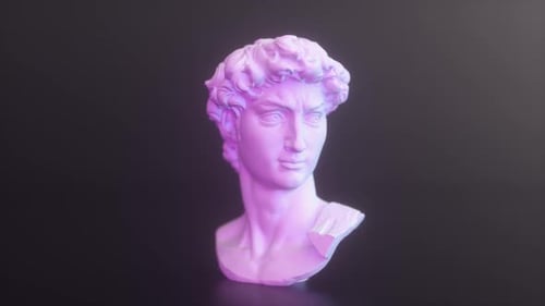 The head of an ancient sculpture of David. Neon lighting effect, Pop art style
