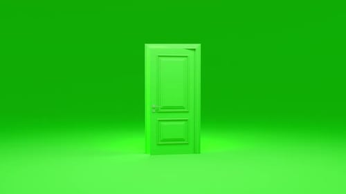 Green door opening on white background