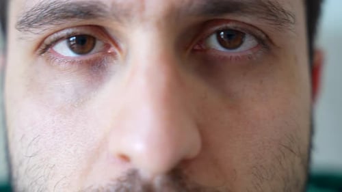 Closeup shot on caucasian man calm brown eyes looking at camera. Panning shot
