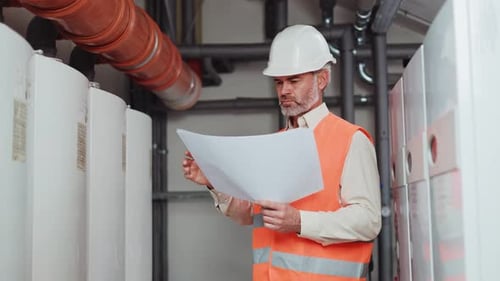 Factory Worker in White Hardhat Standing in Boiler Room and Holding Blueprint