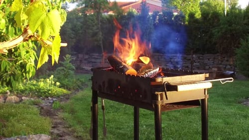 Backyard barbecue fire in outdoor grill on sunny day