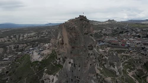 Aerial view of Uchisar Castle in Uchisar old town, Cappadocia, Turkey.
