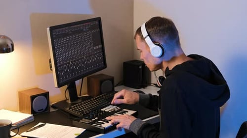 Young Adult Creating Digital Music at Workstation