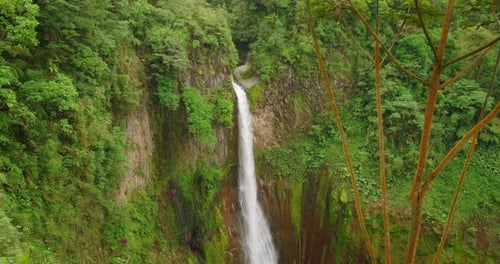 Towering waterfall Catarata del Toro descending into lush canyon in Costa Rica during scenic travel