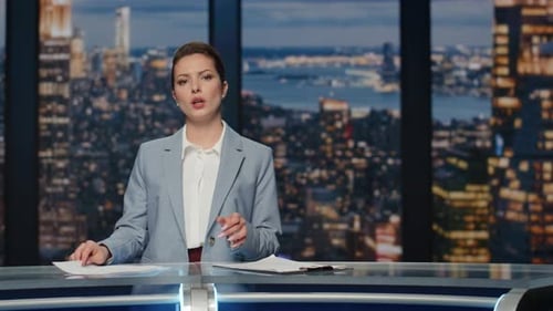 Serious Anchorwoman Talking News Evening Studio Closeup Presenter Broadcasting