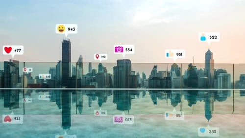 Social Media Icons Fly Over City Downtown Showing People Reciprocity Connection