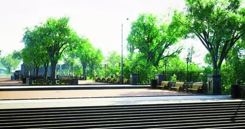 Scenic Park with Trees and Benches Inviting Relaxation on a Sunny Day